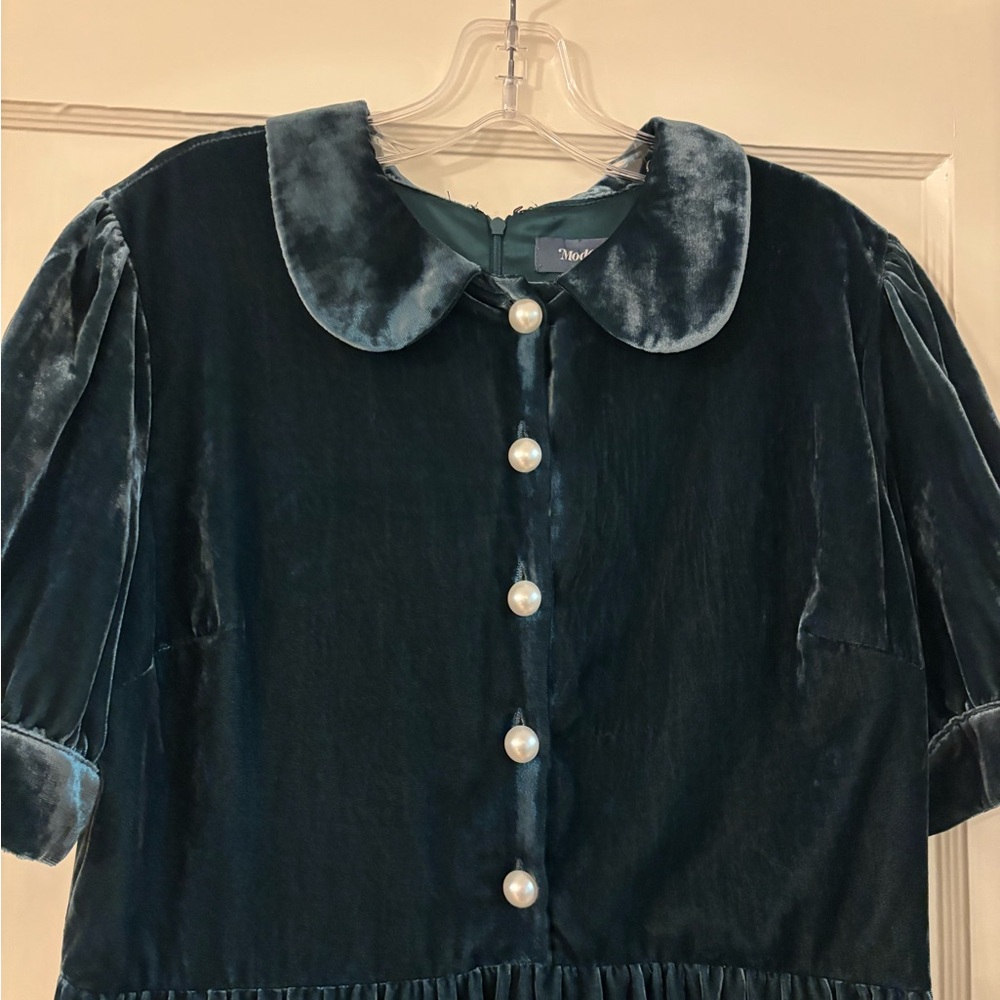 ModCloth Velvet Peter Pan Collar Mini Dress Teal Size 14 - Picture 6 of 9